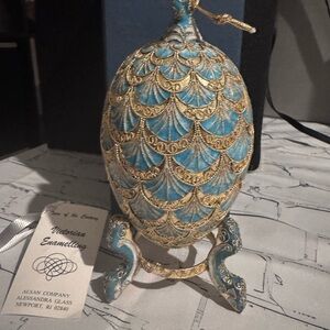 Victorian Enamelled teal blue and gold pine cone ornament on stand 6in nib